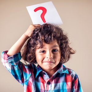 Kid Boy With Question Mark. Children, Education, Emotions Concep