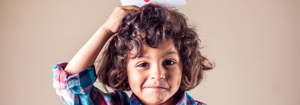 Kid Boy With Question Mark. Children, Education, Emotions Concep